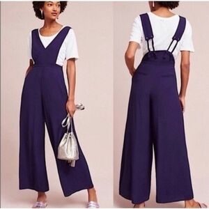 Maeve By Anthropologie Souxanne Womens Jumpsuit Apron Overalls Wide Leg 4 Purple